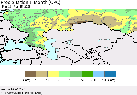 Russian Federation Precipitation 1-Month (CPC) Thematic Map For 3/16/2023 - 4/15/2023