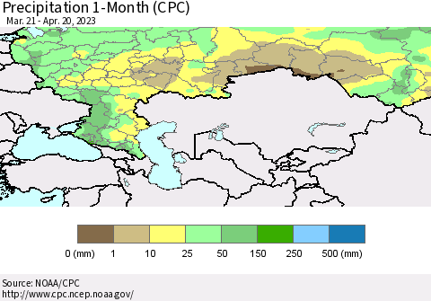 Russian Federation Precipitation 1-Month (CPC) Thematic Map For 3/21/2023 - 4/20/2023