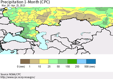 Russian Federation Precipitation 1-Month (CPC) Thematic Map For 3/26/2023 - 4/25/2023