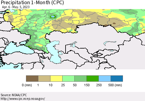 Russian Federation Precipitation 1-Month (CPC) Thematic Map For 4/6/2023 - 5/5/2023