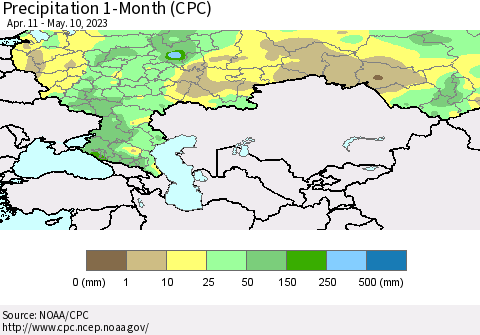 Russian Federation Precipitation 1-Month (CPC) Thematic Map For 4/11/2023 - 5/10/2023