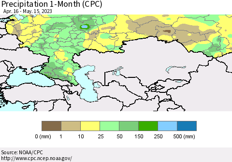 Russian Federation Precipitation 1-Month (CPC) Thematic Map For 4/16/2023 - 5/15/2023
