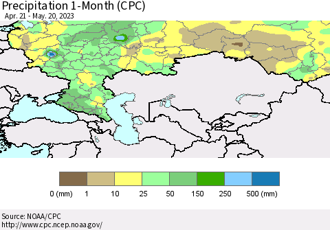 Russian Federation Precipitation 1-Month (CPC) Thematic Map For 4/21/2023 - 5/20/2023