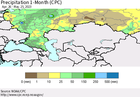Russian Federation Precipitation 1-Month (CPC) Thematic Map For 4/26/2023 - 5/25/2023