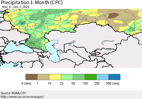Russian Federation Precipitation 1-Month (CPC) Thematic Map For 5/6/2023 - 6/5/2023