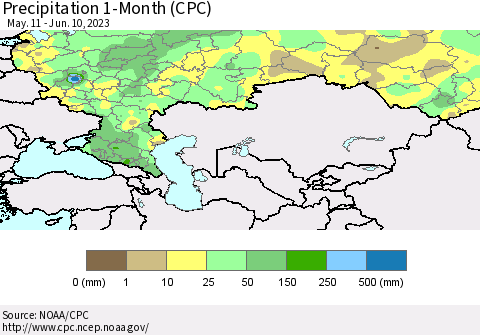 Russian Federation Precipitation 1-Month (CPC) Thematic Map For 5/11/2023 - 6/10/2023