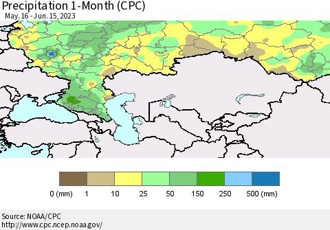 Russian Federation Precipitation 1-Month (CPC) Thematic Map For 5/16/2023 - 6/15/2023