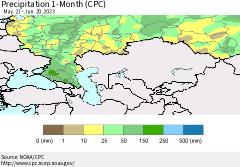 Russian Federation Precipitation 1-Month (CPC) Thematic Map For 5/21/2023 - 6/20/2023