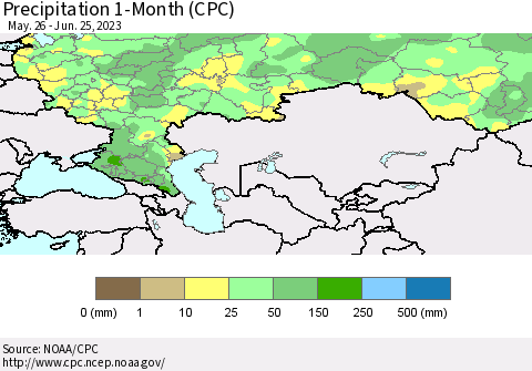 Russian Federation Precipitation 1-Month (CPC) Thematic Map For 5/26/2023 - 6/25/2023