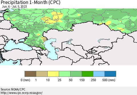 Russian Federation Precipitation 1-Month (CPC) Thematic Map For 6/6/2023 - 7/5/2023
