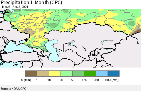 Russian Federation Precipitation 1-Month (CPC) Thematic Map For 3/6/2024 - 4/5/2024