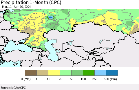 Russian Federation Precipitation 1-Month (CPC) Thematic Map For 3/11/2024 - 4/10/2024