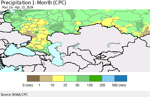 Russian Federation Precipitation 1-Month (CPC) Thematic Map For 3/16/2024 - 4/15/2024