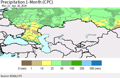 Russian Federation Precipitation 1-Month (CPC) Thematic Map For 3/21/2024 - 4/20/2024
