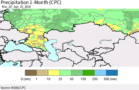 Russian Federation Precipitation 1-Month (CPC) Thematic Map For 3/26/2024 - 4/25/2024