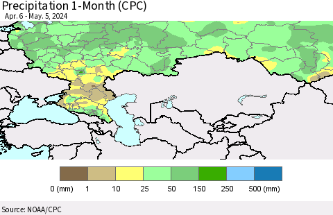 Russian Federation Precipitation 1-Month (CPC) Thematic Map For 4/6/2024 - 5/5/2024