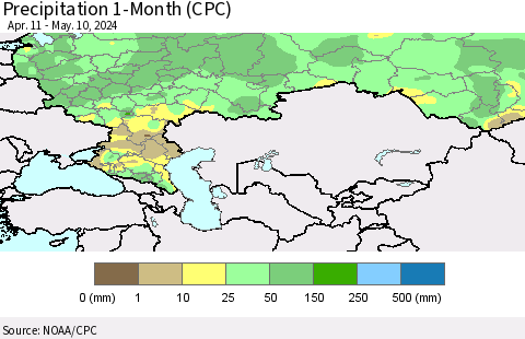 Russian Federation Precipitation 1-Month (CPC) Thematic Map For 4/11/2024 - 5/10/2024
