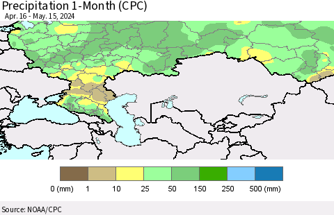 Russian Federation Precipitation 1-Month (CPC) Thematic Map For 4/16/2024 - 5/15/2024