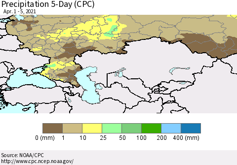 Russian Federation Precipitation 5-Day (CPC) Thematic Map For 4/1/2021 - 4/5/2021