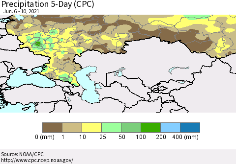 Russian Federation Precipitation 5-Day (CPC) Thematic Map For 6/6/2021 - 6/10/2021