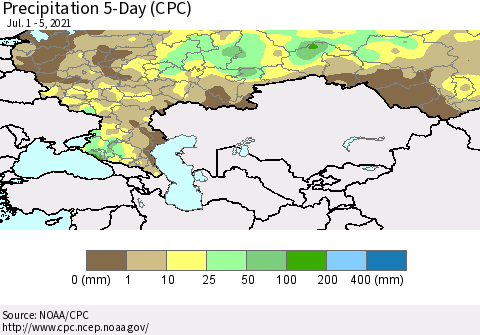 Russian Federation Precipitation 5-Day (CPC) Thematic Map For 7/1/2021 - 7/5/2021