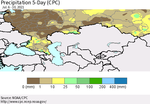 Russian Federation Precipitation 5-Day (CPC) Thematic Map For 7/6/2021 - 7/10/2021