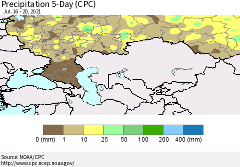 Russian Federation Precipitation 5-Day (CPC) Thematic Map For 7/16/2021 - 7/20/2021
