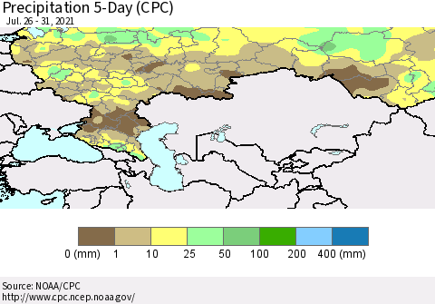 Russian Federation Precipitation 5-Day (CPC) Thematic Map For 7/26/2021 - 7/31/2021