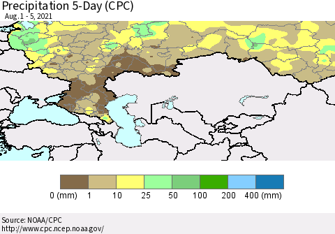 Russian Federation Precipitation 5-Day (CPC) Thematic Map For 8/1/2021 - 8/5/2021