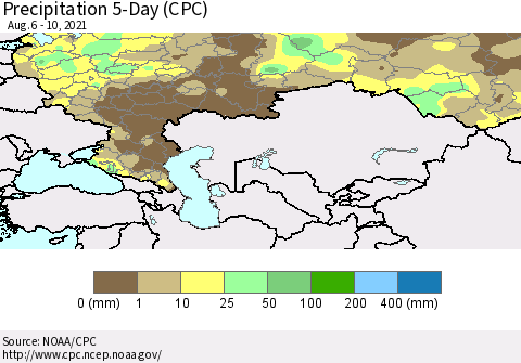 Russian Federation Precipitation 5-Day (CPC) Thematic Map For 8/6/2021 - 8/10/2021