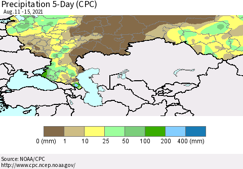 Russian Federation Precipitation 5-Day (CPC) Thematic Map For 8/11/2021 - 8/15/2021