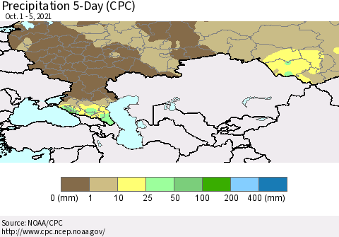 Russian Federation Precipitation 5-Day (CPC) Thematic Map For 10/1/2021 - 10/5/2021