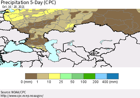 Russian Federation Precipitation 5-Day (CPC) Thematic Map For 10/16/2021 - 10/20/2021