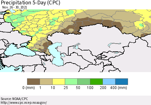 Russian Federation Precipitation 5-Day (CPC) Thematic Map For 11/26/2021 - 11/30/2021