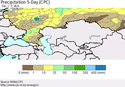 Russian Federation Precipitation 5-Day (CPC) Thematic Map For 12/1/2021 - 12/5/2021