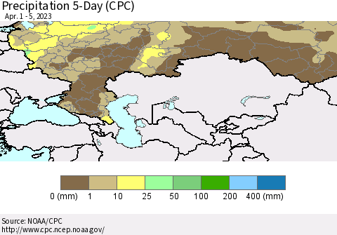 Russian Federation Precipitation 5-Day (CPC) Thematic Map For 4/1/2023 - 4/5/2023
