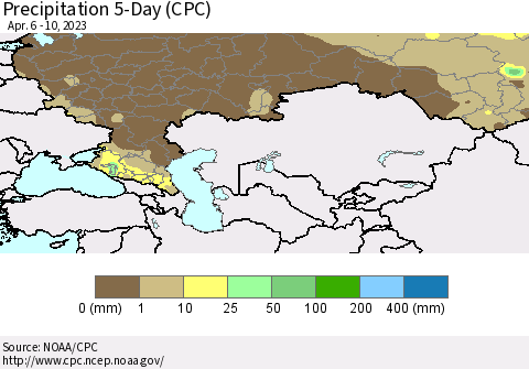 Russian Federation Precipitation 5-Day (CPC) Thematic Map For 4/6/2023 - 4/10/2023