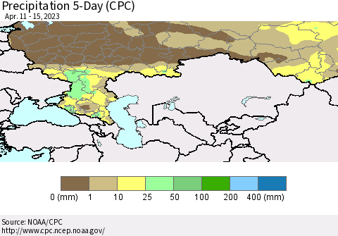 Russian Federation Precipitation 5-Day (CPC) Thematic Map For 4/11/2023 - 4/15/2023