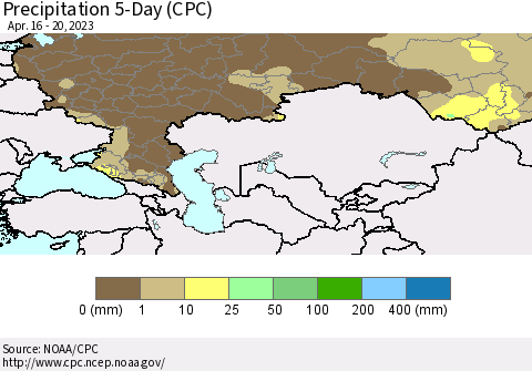 Russian Federation Precipitation 5-Day (CPC) Thematic Map For 4/16/2023 - 4/20/2023