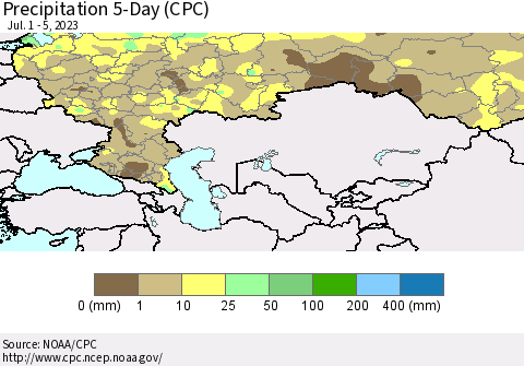 Russian Federation Precipitation 5-Day (CPC) Thematic Map For 7/1/2023 - 7/5/2023