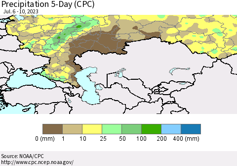 Russian Federation Precipitation 5-Day (CPC) Thematic Map For 7/6/2023 - 7/10/2023