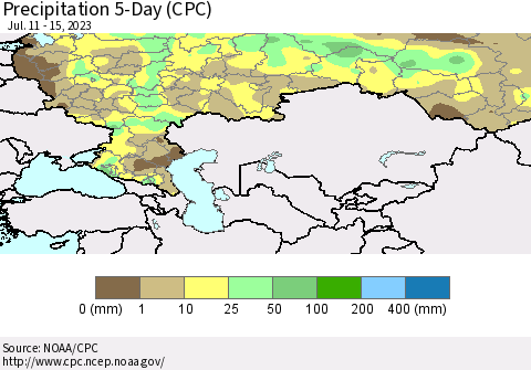 Russian Federation Precipitation 5-Day (CPC) Thematic Map For 7/11/2023 - 7/15/2023