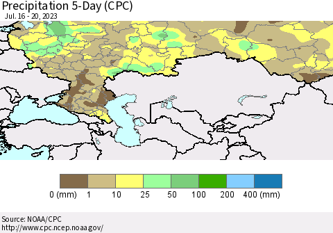 Russian Federation Precipitation 5-Day (CPC) Thematic Map For 7/16/2023 - 7/20/2023