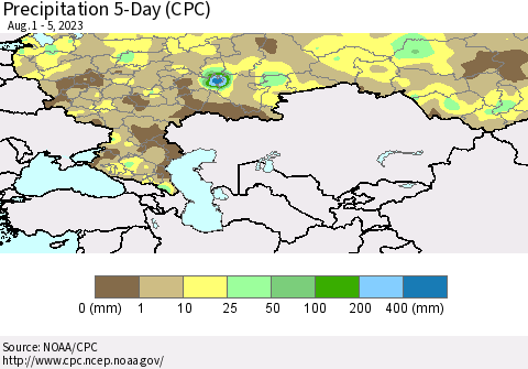 Russian Federation Precipitation 5-Day (CPC) Thematic Map For 8/1/2023 - 8/5/2023
