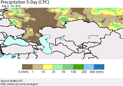 Russian Federation Precipitation 5-Day (CPC) Thematic Map For 8/6/2023 - 8/10/2023