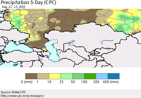 Russian Federation Precipitation 5-Day (CPC) Thematic Map For 8/11/2023 - 8/15/2023