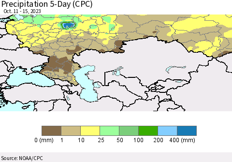Russian Federation Precipitation 5-Day (CPC) Thematic Map For 10/11/2023 - 10/15/2023