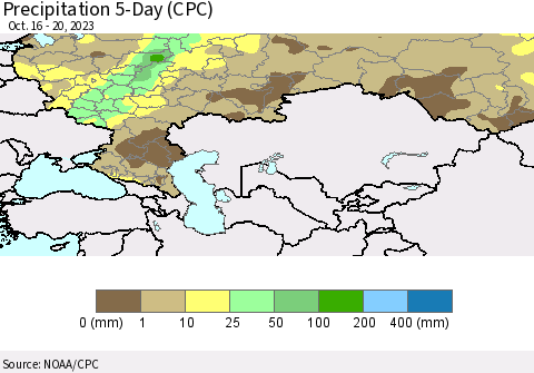 Russian Federation Precipitation 5-Day (CPC) Thematic Map For 10/16/2023 - 10/20/2023