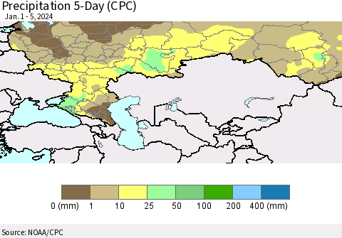 Russian Federation Precipitation 5-Day (CPC) Thematic Map For 1/1/2024 - 1/5/2024