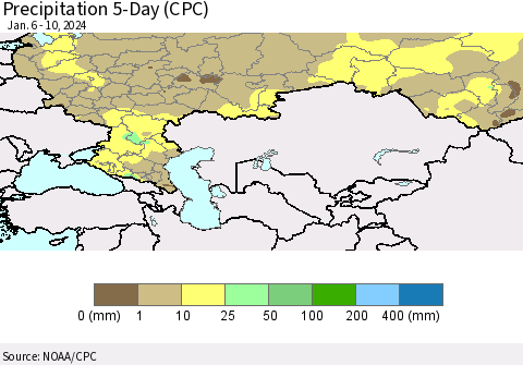 Russian Federation Precipitation 5-Day (CPC) Thematic Map For 1/6/2024 - 1/10/2024